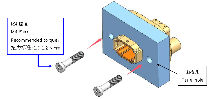 Panel‑mount step 2 for HRB waterproof connector, inserting M4 bolts for housing fixation Paneelmontage stap 2 voor waterdichte HRB-connector, waarbij M4-bouten worden geplaatst voor bevestiging van de behuizing