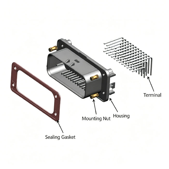 Exploded view of HRB M4021R series right angle PCB board waterproof connector Explosietekening van de waterdichte connector van de HRB M4021R-serie haakse printplaat
