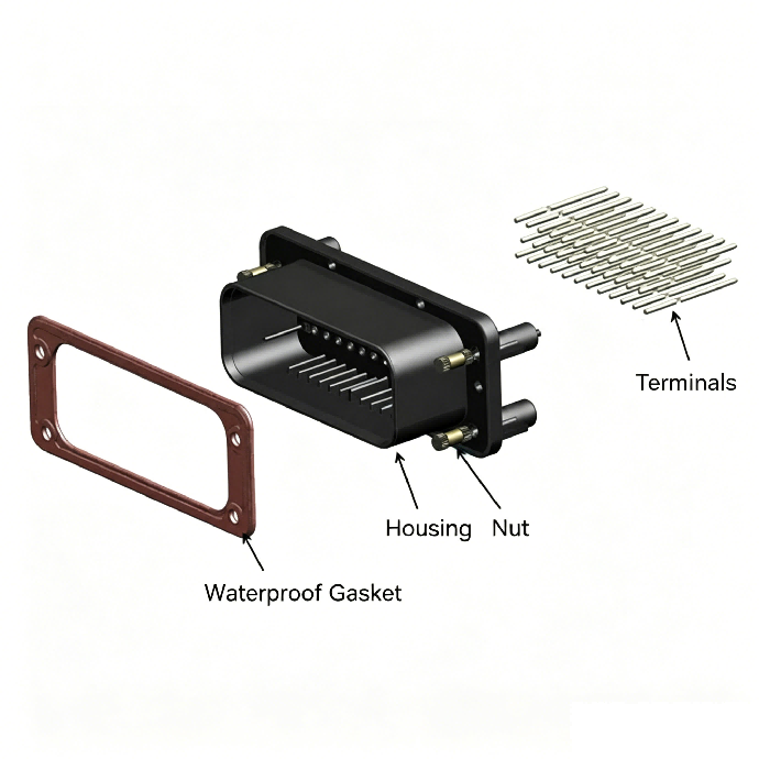 Exploded view of HRB M4021 series vertical PCB board waterproof connector Explosietekening van de waterdichte connector van de HRB M4021-serie verticale printplaat