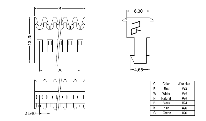 M2050-N-C(180°) IDC dimensions M2050-NC(180°) IDC-afmetingen