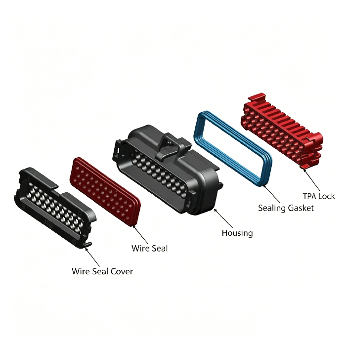 Exploded view of HRB M4022 series IP69K receptacle waterproof connector Explosietekening van de waterdichte connector van de HRB M4022-serie IP69K-aansluiting