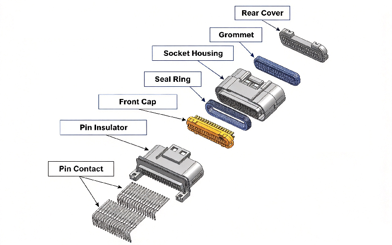 Explosietekening van de waterdichte draad-naar-draadconnector van HRB met pincontacten, pinisolator, voorkap, afdichtring, contactdoosbehuizing, doorvoertule en achterklep