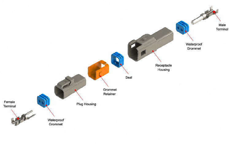 Explosietekening van HRB 2,0 mm dubbele rij draad-naar-draad waterdichte connector, behuizing, siliconenafdichtingen en krimpklemmen