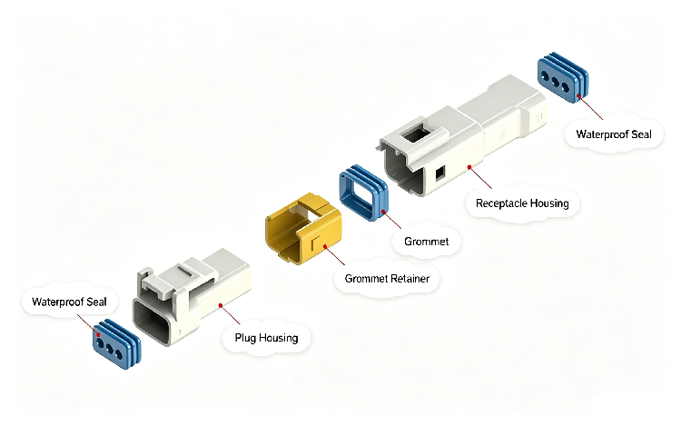 Explosietekening van HRB 2,0 mm dubbele rij draad-naar-draad waterdichte connector, behuizing, siliconenafdichtingen en krimpklemmen