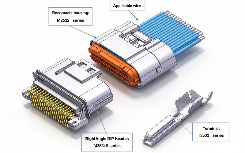 2,5 mm steekdraad voor waterdichte connectoren Onderdeelnaam en onderdeelnummer, HRB M2532-serie connector exploded view