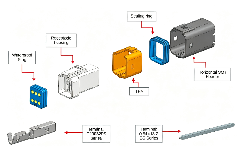 Explosietekening van HRB 2,0 mm dubbele rij wire-to-board waterdichte connector, behuizing, siliconenafdichtingen, printkop en krimpklemmen