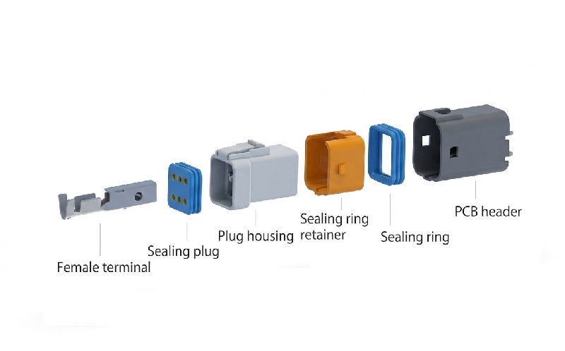 Explosietekening van HRB 2,0 mm waterdichte draad-naar-bord-connector, behuizing, siliconenafdichtingen en krimpklemmen